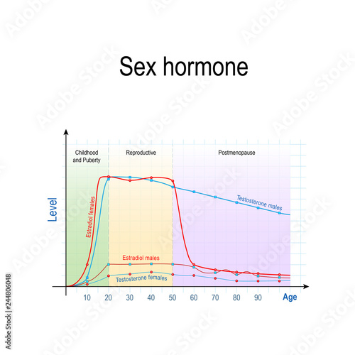 Sex hormones and ageing. Levels of Testosterone for males and females, and Estradiol for men and women