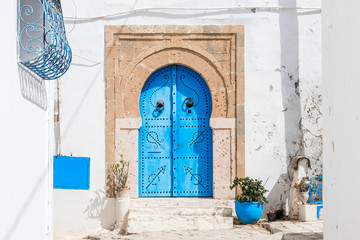 Traditional door with pattern and tiles, Sidi Bou Said, Africa