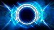 © MiaStendal - Round abstract tunnel, blue neon. Neon circle light arch, in the center, light, rays, smoke. Abstract blue background with rays and neon.