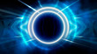© MiaStendal - Round abstract tunnel, blue neon. Neon circle light arch, in the center, light, rays, smoke. Abstract blue background with rays and neon.