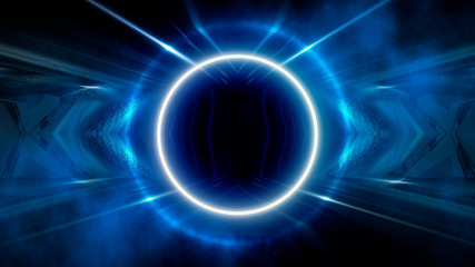 Round abstract tunnel, blue neon. Neon circle light arch, in the center, light, rays, smoke. Abstract blue background with rays and neon.