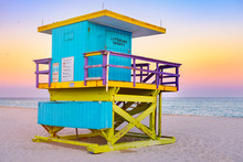 Famous Lifeguard Tower At South Beach In Miami At Sunset