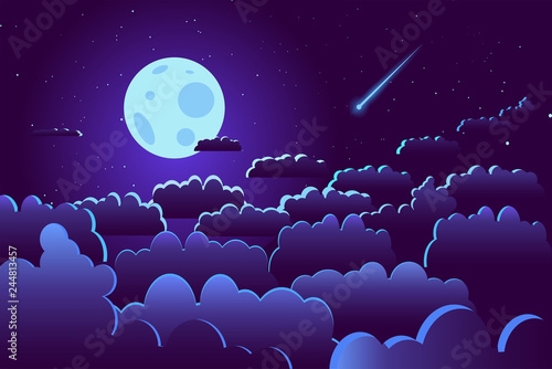 Starry Night Sky With Moon And Clouds Illustration Vector Full Moon Above The Clouds Among Stars With Shooting Star Flat Style Buy This Stock Vector And Explore Similar Vectors At Adobe