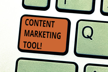 Conceptual hand writing showing Content Marketing Tool. Business photo text Aid use to create and analysisage content marketing Keyboard key Intention to create computer message idea