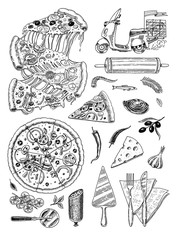 Set of pizza with cheese. Yummy italian vegetarian food with tomatoes, Seafood and olives and eggplant. Ingredients for cooking. Sketch for restaurant menu. Hand drawn template. Vintage style.