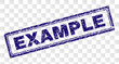 EXAMPLE stamp seal watermark with scratched style and double framed rectangle shape. Stamp is placed on a transparent background. Blue vector rubber print of EXAMPLE text with scratched texture.
