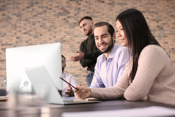 Sticker - Office employees having meeting in conference room. Finance trading