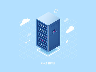 Wall Mural - icon of cloud storage technology, flat isometric server room rack, blockchain security concept, web 