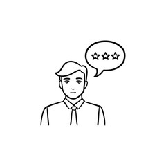 Sticker - User with speech bubble hand drawn outline doodle icon. Communication, customer, businessman talking concept. Vector sketch illustration for print, web, mobile and infographics on white background.