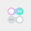 On Off Switch. Vector Switcher for Phone Screens. Toggle Element for Mobile App, Web Design, Animation. Gradient Button for Website. Material Design. Flat Style.
