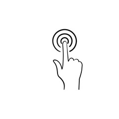 Poster - Hand with point finger touch button hand drawn outline doodle icon. Touch screen, hand cursor and click concept. Vector sketch illustration for print, web, mobile and infographics on white background.