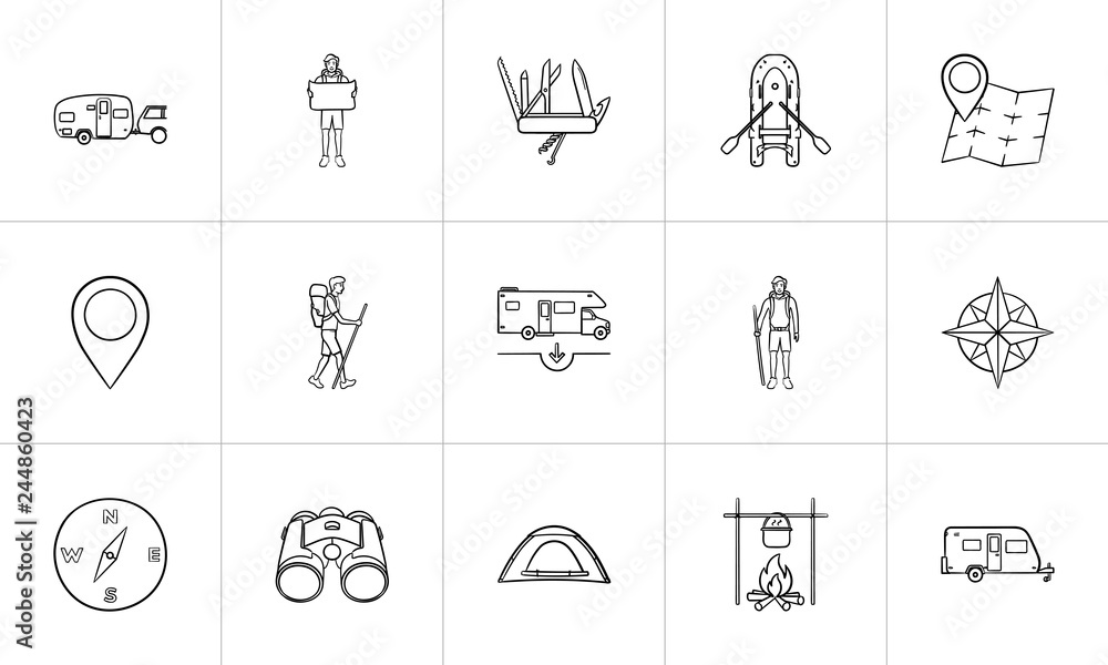 Vector de Stock Hiking and camping hand drawn outline doodle icon set ...