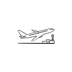 Sticker - Airplane taking off hand drawn outline doodle icon. Airport transport, flying plane and runway concept. Vector sketch illustration for print, web, mobile and infographics on white background.