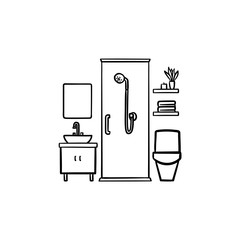 Wall Mural - Bathroom hand drawn outline doodle icon. Hygiene and shower, toilet and bathtub, wash and furniture concept. Vector sketch illustration for print, web, mobile and infographics on white background.