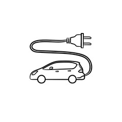 Sticker - Electric car with plug hand drawn outline doodle icon. Eco car charging and recharge, green drive concept. Vector sketch illustration for print, web, mobile and infographics on white background.