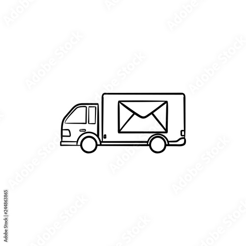 Mail van with envelope on it hand drawn outline doodle icon. Letters