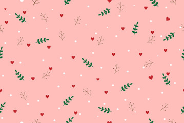 Wall Mural - Cute and sweet vector art seamless pattern with red heart shape, green leaf, brown branch and white snow dot on pastel pink background for love theme on Valentine day and wallpaper or other design.