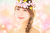 Fototapeta  - closeup young beauty face with spring background