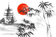canvas print picture - Japan Traditional japanese painting Sumi-e art Sakura Sun Temple