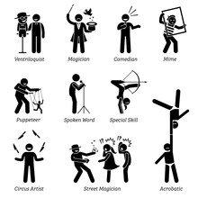 Theater Stage Performers, Entertainers, Artists, And Live Acts. Pictograms Depict Ventriloquist, Magician, Comedian, Mime, Puppeteer, Spoken Word, Circus, Street Magician, And Acrobatic Skills.