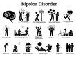 Bipolar mental disorder icons. Illustrations show signs and symptoms of bipolar disorder on mania and depression behaviors. He has mood swings and needs psychotherapy, medications, and family support.