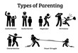 Types of parenting style. Stick figure icon illustration pictogram depict the different type of parenting ways which are the authoritative, authoritarian, neglectful, permissive, and overprotective.