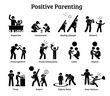 Positive parenting child upbringing. Illustrations depict the positive and healthy ways of raising a child such as supportive, involvement, reward, encouragement, trust, inspiration, and patience.