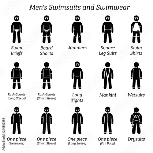 Men Swimsuits And Swimwear Stick Figures Depict Different