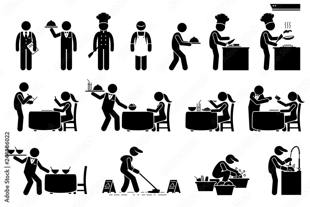 Icons for workers, employees, and customers at restaurant. Stick figures are manager, chef, supervisor, cleaner, waiter, and client. The cook is preparing food and the waiter serve the dish. - obrazy, fototapety, plakaty 