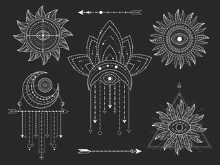 Wall Mural - vector set of sacred geometric and natural symbols on black background. abstract mystic signs collec