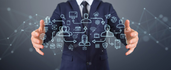 Businessman using thin line social network icons interface