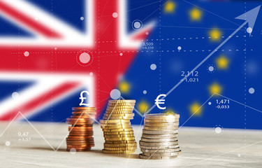 Abstract Brexit charts of graph with Coins, curreny, United Kingdom and European Union Flags Background