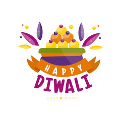 Canvas Print - Happy Diwali colorful logo design, Hindu festival label, poster, invitation, flyer, greeting card template hand drawn vector Illustration