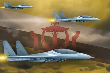 Brunei Darussalam air forces strike concept. Air planes attack on Brunei Darussalam flag background. 3d Illustration