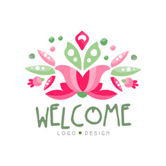 Sticker - Welcome logo design, holiday card, banner, invitation with lettering, colorful label with floral elements vector Illustration