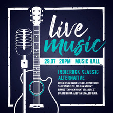Vector Illutration Banner With An Acoustic Guitar And A Microphone For Concert, Live Music And Party