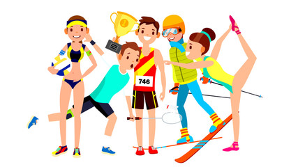 Canvas Print - Athlete Set Vector. Man, Woman. Volleyball, Tennis, Athletics, Skiing, Gymnastics. Group Of Sports People In Uniform, Apparel. Sportsman Character In Game Action. Flat Cartoon Illustration