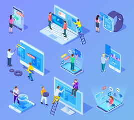 Wall Mural - People and app interfaces isometric concept. Users and developers work with mobile phone and computer ui. 3d vector icons set. People development technology application construction