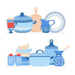 Sticker - Cartoon cookware. Kitchen crockery, cooking tools vector isolated set. Illustration of cooking kitchenware, crockery for cookware