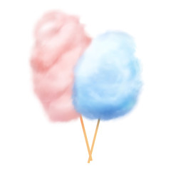 Poster - Pink and blue realistic cotton candies with stick vector illustration. Snack dessert sugar, candy cotton cloud