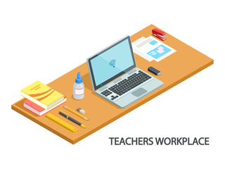 Sticker - Illustration of modern teachers workplace isometric vector design. Teacher work table and workplace desk 3d