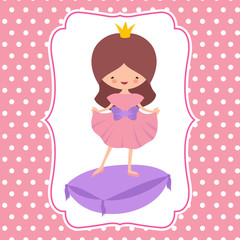 Canvas Print - Little cartoon character sweet princess vector card template. Woman princess costume, avatar girl child with crown