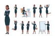© MicroOne - Business woman character. Afro-american office professional worker female in different poses of activity. Cartoon secretary vector set. Illustration of woman professional, businesswoman jump