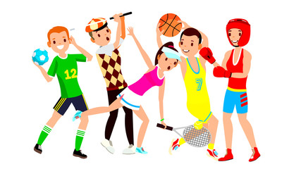 Sticker - Athlete Set Vector. Man, Woman. Handball, Golf, Tennis, Basketball, Boxing. Group Of Sports People In Uniform, Apparel. Sportsman Character In Game Action. Flat Cartoon Illustration