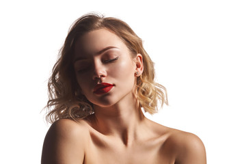 Wall Mural - Closeup of naked beautiful woman posing with closed eyes