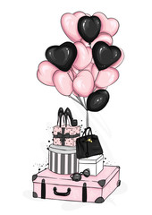 Suitcases, bag, shoes and fashion accessories with heart-shaped balloons. Dessert. Vector illustration for greeting card or poster. Love, friendship, Valentine's Day. 