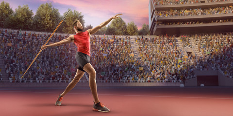 Wall Mural - Young male javelin thrower throwing a spear. Athlete in sport clothes at athletic sport track in professional stadium