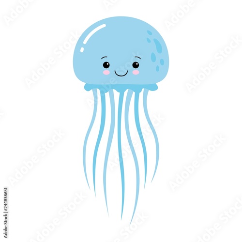 Vector illustration of cartoon funny blue jellyfish isolated on white background Poster Mural XXL