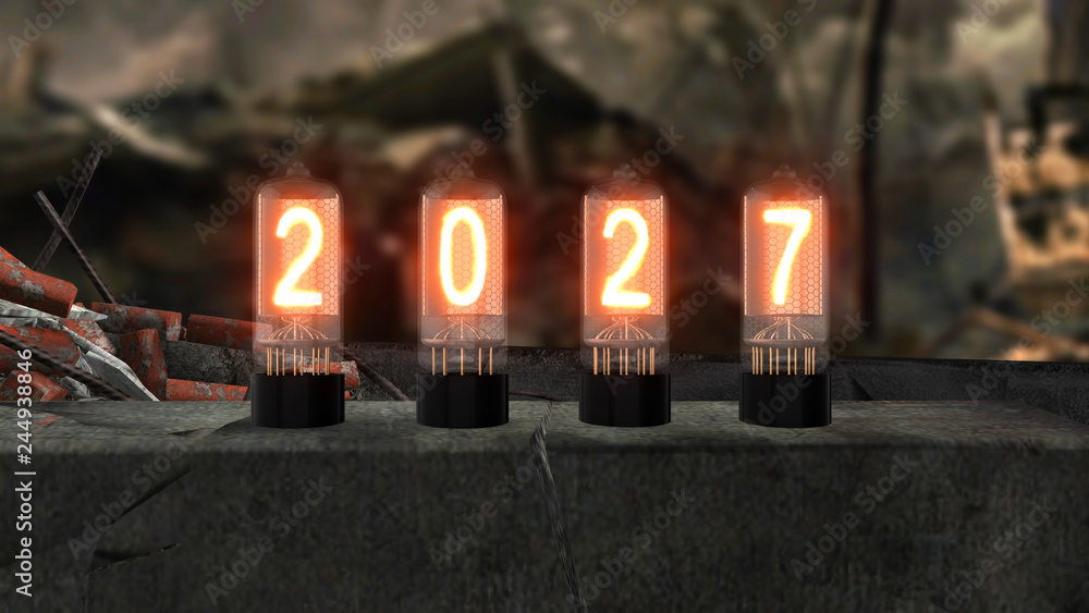 2027 inscription burns on old television lamps against the backdrop of the devastation of the apocalypse, 3d illustration - obrazy, fototapety, plakaty 