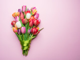 Colorful bouquet of tulips on white background.